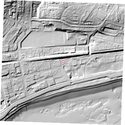 Shaded relief map of the ground around TN401NY, computed from Environment Agency LiDAR. The ground here sits at about 9 m above sea level and falls 36 m across the surrounding 800 m. Surface water reaching this point runs off ground lying to the west, 6.2 m higher.