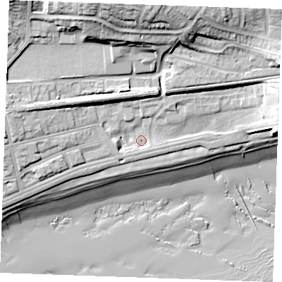 Shaded relief map of the ground around TN401PL, computed from Environment Agency LiDAR. The ground here sits at about 7 m above sea level and falls 31 m across the surrounding 800 m. Surface water reaching this point runs off ground lying to the west, 2.6 m higher.