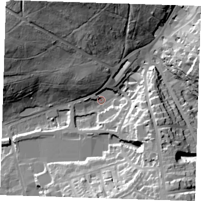 Shaded relief map of the ground around TN48HF, computed from Environment Agency LiDAR. The ground here sits at about 77 m above sea level and falls 45 m across the surrounding 800 m. Surface water reaching this point runs off ground lying to the north-west, 41.8 m higher.