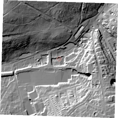 Shaded relief map of the ground around TN48HG, computed from Environment Agency LiDAR. The ground here sits at about 77 m above sea level and falls 42 m across the surrounding 800 m. Surface water reaching this point runs off ground lying to the south-east, 38.0 m higher.