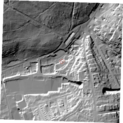 Shaded relief map of the ground around TN48HH, computed from Environment Agency LiDAR. The ground here sits at about 80 m above sea level and falls 42 m across the surrounding 800 m. Surface water reaching this point runs off ground lying to the north-west, 38.9 m higher.