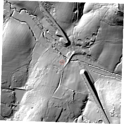 Shaded relief map of the ground around TN49EG, computed from Environment Agency LiDAR. The ground here sits at about 49 m above sea level and falls 68 m across the surrounding 800 m. Surface water reaching this point runs off ground lying to the south-south-west, 20.9 m higher.