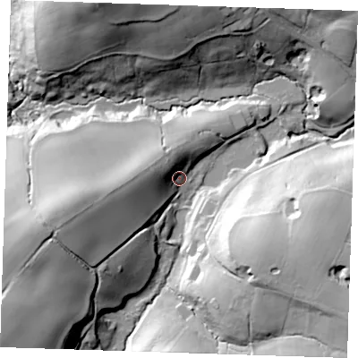 Shaded relief map of the ground around TN56LB, computed from Environment Agency LiDAR. The ground here sits at about 84 m above sea level and falls 52 m across the surrounding 800 m. Surface water reaching this point runs off ground lying to the west, 23.7 m higher.