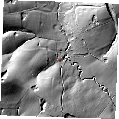 Shaded relief map of the ground around TN56NL, computed from Environment Agency LiDAR. The ground here sits at about 45 m above sea level and falls 52 m across the surrounding 800 m. Surface water reaching this point runs off ground lying to the west-south-west, 46.3 m higher.