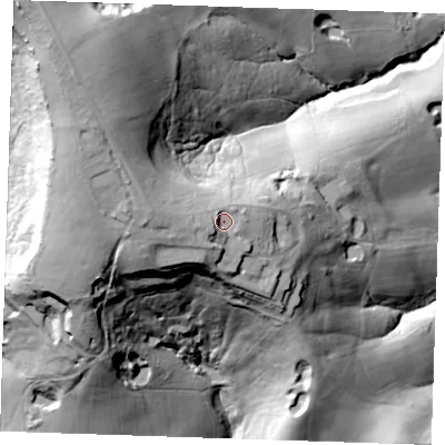 Shaded relief map of the ground around TN56NT, computed from Environment Agency LiDAR. The ground here sits at about 110 m above sea level and falls 73 m across the surrounding 800 m. Surface water reaching this point runs off ground lying to the west-south-west, 5.1 m higher.