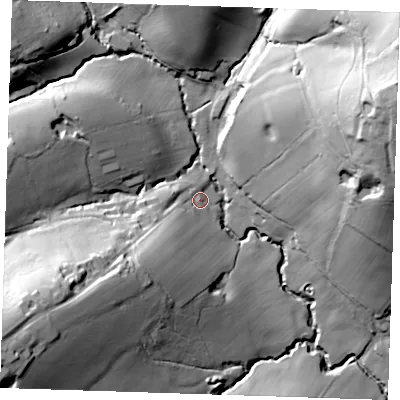 Shaded relief map of the ground around TN56PQ, computed from Environment Agency LiDAR. The ground here sits at about 61 m above sea level and falls 58 m across the surrounding 800 m. Surface water reaching this point runs off ground lying to the south-west, 20.7 m higher.