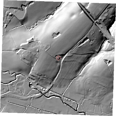 Shaded relief map of the ground around TN57EU, computed from Environment Agency LiDAR. The ground here sits at about 42 m above sea level and falls 35 m across the surrounding 800 m. Surface water reaching this point runs off ground lying to the north, 8.4 m higher.
