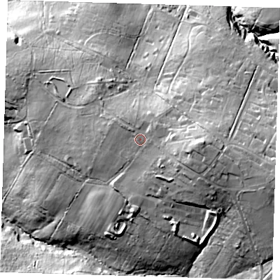 Shaded relief map of the ground around TN61UB, computed from Environment Agency LiDAR. The ground here sits at about 177 m above sea level and falls 50 m across the surrounding 800 m. Surface water reaching this point runs off ground lying to the east-south-east, 10.2 m higher.