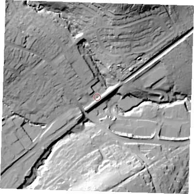 Shaded relief map of the ground around TN62NQ, computed from Environment Agency LiDAR. The ground here sits at about 107 m above sea level and falls 49 m across the surrounding 800 m. Surface water reaching this point runs off ground lying to the north-north-east, 40.5 m higher.