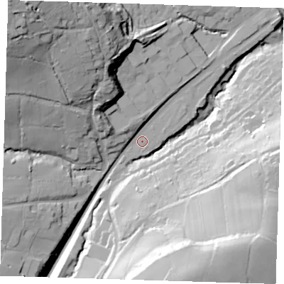 Shaded relief map of the ground around TN63DS, computed from Environment Agency LiDAR. The ground here sits at about 114 m above sea level and falls 64 m across the surrounding 800 m. Surface water reaching this point runs off ground lying to the west-north-west, 7.7 m higher.