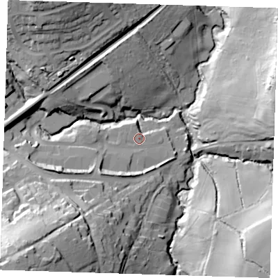 Shaded relief map of the ground around TN63DZ, computed from Environment Agency LiDAR. The ground here sits at about 102 m above sea level and falls 55 m across the surrounding 800 m. Surface water reaching this point runs off ground lying to the west-south-west, 3.7 m higher.