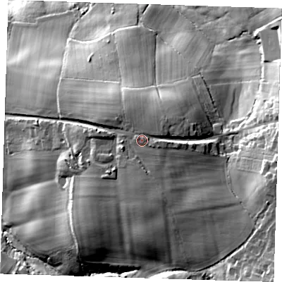 Shaded relief map of the ground around TN63LA, computed from Environment Agency LiDAR. The ground here sits at about 157 m above sea level and falls 39 m across the surrounding 800 m. Surface water reaching this point runs off ground lying to the south-south-east, 1.1 m higher.