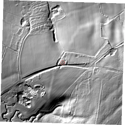 Shaded relief map of the ground around TN74BE, computed from Environment Agency LiDAR. The ground here sits at about 79 m above sea level and falls 65 m across the surrounding 800 m. Surface water reaching this point runs off ground lying to the east-south-east, 26.9 m higher.