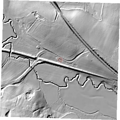 Shaded relief map of the ground around TN74BJ, computed from Environment Agency LiDAR. The ground here sits at about 43 m above sea level and falls 33 m across the surrounding 800 m. Surface water reaching this point runs off ground lying to the east-south-east, 14.0 m higher.