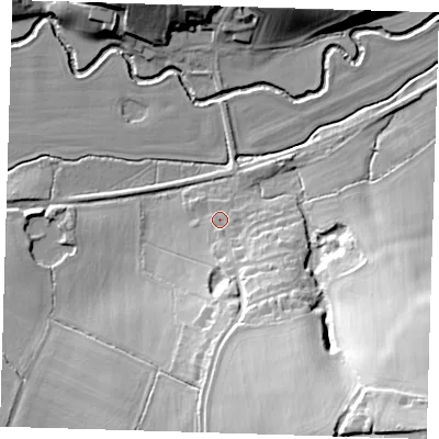 Shaded relief map of the ground around TN74BT, computed from Environment Agency LiDAR. The ground here sits at about 45 m above sea level and falls 48 m across the surrounding 800 m. Surface water reaching this point runs off ground lying to the south-south-east, 31.7 m higher.