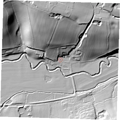 Shaded relief map of the ground around TN74DA, computed from Environment Agency LiDAR. The ground here sits at about 44 m above sea level and falls 51 m across the surrounding 800 m. Surface water reaching this point runs off ground lying to the north, 45.1 m higher.