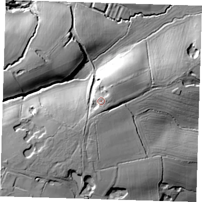 Shaded relief map of the ground around TN74DD, computed from Environment Agency LiDAR. The ground here sits at about 72 m above sea level and falls 50 m across the surrounding 800 m. Surface water reaching this point runs off ground lying to the south-south-west, 7.0 m higher.