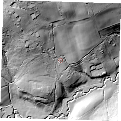 Shaded relief map of the ground around TN74DN, computed from Environment Agency LiDAR. The ground here sits at about 76 m above sea level and falls 60 m across the surrounding 800 m. Surface water reaching this point runs off ground lying to the north-north-west, 38.5 m higher.