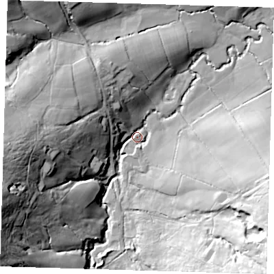 Shaded relief map of the ground around TN74ES, computed from Environment Agency LiDAR. The ground here sits at about 68 m above sea level and falls 48 m across the surrounding 800 m. Surface water reaching this point runs off ground lying to the west, 45.2 m higher.