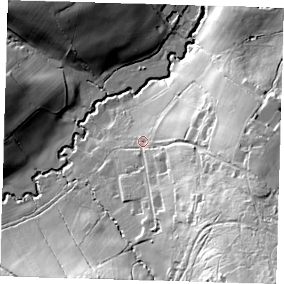 Shaded relief map of the ground around TN74ET, computed from Environment Agency LiDAR. The ground here sits at about 69 m above sea level and falls 60 m across the surrounding 800 m. Surface water reaching this point runs off ground lying to the east-south-east, 34.2 m higher.