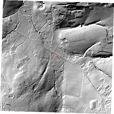Shaded relief map of the ground around TN74HR, computed from Environment Agency LiDAR. The ground here sits at about 64 m above sea level and falls 50 m across the surrounding 800 m. Surface water reaching this point runs off ground lying to the south-east, 42.8 m higher.
