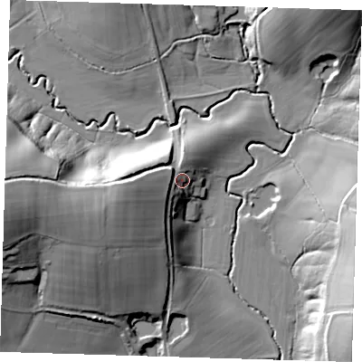 Shaded relief map of the ground around TN74JN, computed from Environment Agency LiDAR. The ground here sits at about 54 m above sea level and falls 32 m across the surrounding 800 m. Surface water reaching this point runs off ground lying to the west, 15.6 m higher.