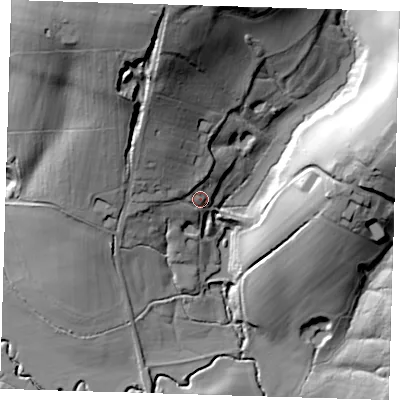 Shaded relief map of the ground around TN74JP, computed from Environment Agency LiDAR. The ground here sits at about 60 m above sea level and falls 50 m across the surrounding 800 m. Surface water reaching this point runs off ground lying to the north-west, 14.9 m higher.