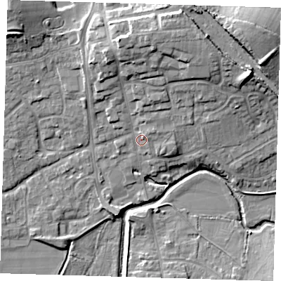 Shaded relief map of the ground around TN85AL, computed from Environment Agency LiDAR. The ground here sits at about 43 m above sea level and falls 14 m across the surrounding 800 m. Surface water reaching this point runs off ground lying to the north-north-west, 9.8 m higher.