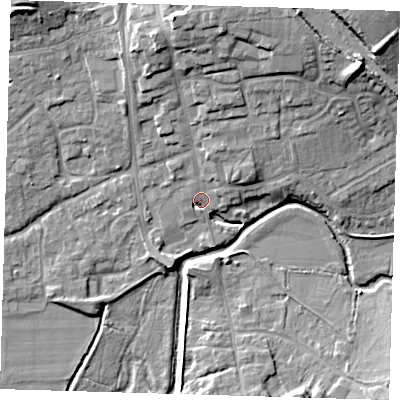 Shaded relief map of the ground around TN85AR, computed from Environment Agency LiDAR. The ground here sits at about 41 m above sea level and falls 14 m across the surrounding 800 m. Surface water reaching this point runs off ground lying to the north-north-east, 5.0 m higher.