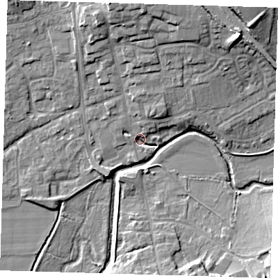 Shaded relief map of the ground around TN85AU, computed from Environment Agency LiDAR. The ground here sits at about 39 m above sea level and falls 14 m across the surrounding 800 m. Surface water reaching this point runs off ground lying to the north, 5.0 m higher.