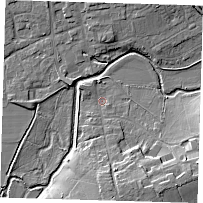 Shaded relief map of the ground around TN85AX, computed from Environment Agency LiDAR. The ground here sits at about 40 m above sea level and falls 13 m across the surrounding 800 m. Surface water reaching this point runs off ground lying to the south-east, 11.1 m higher.