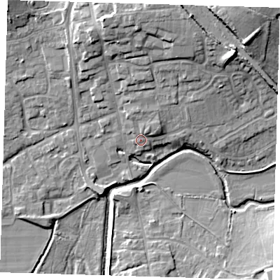 Shaded relief map of the ground around TN85BD, computed from Environment Agency LiDAR. The ground here sits at about 43 m above sea level and falls 14 m across the surrounding 800 m. Surface water reaching this point runs off ground lying to the north, 2.2 m higher.