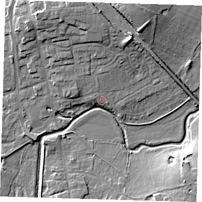 Shaded relief map of the ground around TN85BE, computed from Environment Agency LiDAR. The ground here sits at about 42 m above sea level and falls 14 m across the surrounding 800 m. Surface water reaching this point runs off ground lying to the north, 1.6 m higher.