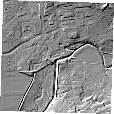 Shaded relief map of the ground around TN85BF, computed from Environment Agency LiDAR. The ground here sits at about 40 m above sea level and falls 14 m across the surrounding 800 m. Surface water reaching this point runs off ground lying to the north-north-east, 9.3 m higher.