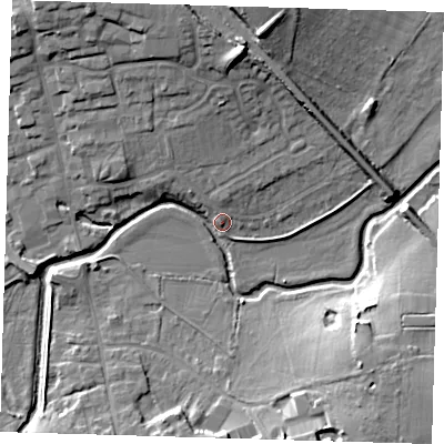 Shaded relief map of the ground around TN85BG, computed from Environment Agency LiDAR. The ground here sits at about 41 m above sea level and falls 14 m across the surrounding 800 m. Surface water reaching this point runs off ground lying to the north-west, 12.8 m higher.