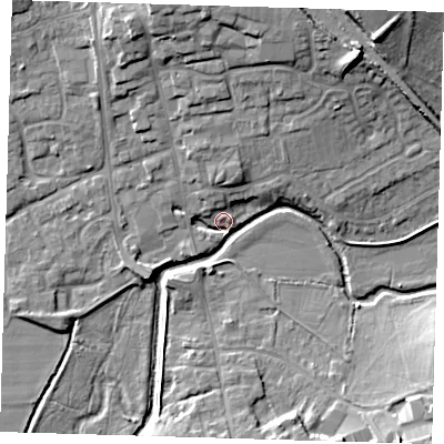 Shaded relief map of the ground around TN85BH, computed from Environment Agency LiDAR. The ground here sits at about 41 m above sea level and falls 14 m across the surrounding 800 m. Surface water reaching this point runs off ground lying to the north-north-west, 4.4 m higher.