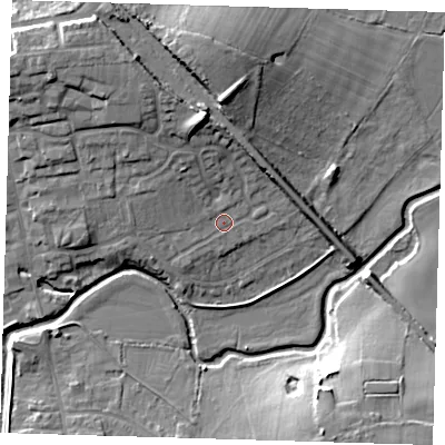 Shaded relief map of the ground around TN85BJ, computed from Environment Agency LiDAR. The ground here sits at about 42 m above sea level and falls 14 m across the surrounding 800 m. Surface water reaching this point runs off ground lying to the north-north-west, 8.9 m higher.
