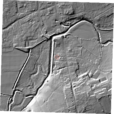 Shaded relief map of the ground around TN85BN, computed from Environment Agency LiDAR. The ground here sits at about 40 m above sea level and falls 13 m across the surrounding 800 m. Surface water reaching this point runs off ground lying to the south-east, 11.0 m higher.