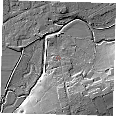 Shaded relief map of the ground around TN85BP, computed from Environment Agency LiDAR. The ground here sits at about 41 m above sea level and falls 13 m across the surrounding 800 m. Surface water reaching this point runs off ground lying to the south-south-east, 8.4 m higher.