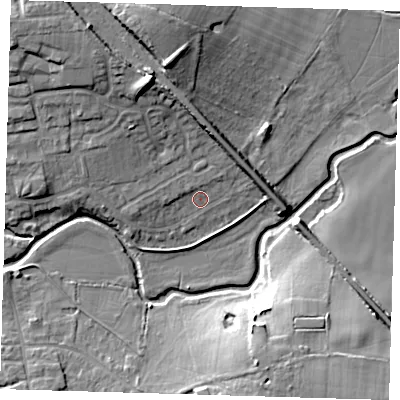 Shaded relief map of the ground around TN85BQ, computed from Environment Agency LiDAR. The ground here sits at about 41 m above sea level and falls 14 m across the surrounding 800 m. Surface water reaching this point runs off ground lying to the north-west, 1.6 m higher.