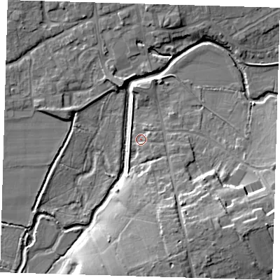 Shaded relief map of the ground around TN85BS, computed from Environment Agency LiDAR. The ground here sits at about 41 m above sea level and falls 13 m across the surrounding 800 m. Surface water reaching this point runs off ground lying to the south-south-east, 8.8 m higher.