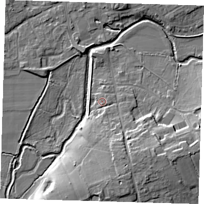 Shaded relief map of the ground around TN85BT, computed from Environment Agency LiDAR. The ground here sits at about 42 m above sea level and falls 13 m across the surrounding 800 m. Surface water reaching this point runs off ground lying to the south-south-east, 7.6 m higher.