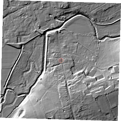 Shaded relief map of the ground around TN85BU, computed from Environment Agency LiDAR. The ground here sits at about 42 m above sea level and falls 13 m across the surrounding 800 m. Surface water reaching this point runs off ground lying to the south-south-east, 7.9 m higher.