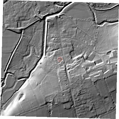 Shaded relief map of the ground around TN85BX, computed from Environment Agency LiDAR. The ground here sits at about 43 m above sea level and falls 13 m across the surrounding 800 m. Surface water reaching this point runs off ground lying to the south-south-east, 5.6 m higher.