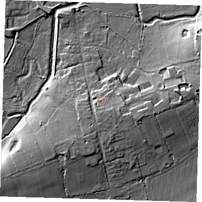 Shaded relief map of the ground around TN85DB, computed from Environment Agency LiDAR. The ground here sits at about 47 m above sea level and falls 14 m across the surrounding 800 m. Surface water reaching this point runs off ground lying to the south-south-east, 3.0 m higher.