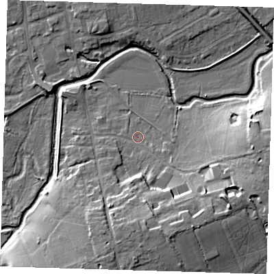 Shaded relief map of the ground around TN85DH, computed from Environment Agency LiDAR. The ground here sits at about 41 m above sea level and falls 14 m across the surrounding 800 m. Surface water reaching this point runs off ground lying to the south-east, 10.3 m higher.