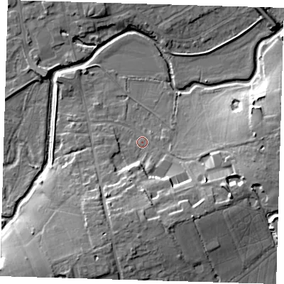 Shaded relief map of the ground around TN85DJ, computed from Environment Agency LiDAR. The ground here sits at about 42 m above sea level and falls 14 m across the surrounding 800 m. Surface water reaching this point runs off ground lying to the east-south-east, 10.1 m higher.