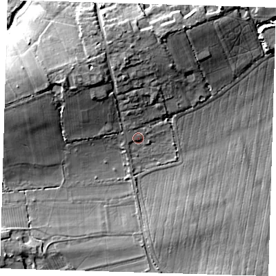 Shaded relief map of the ground around TN85DQ, computed from Environment Agency LiDAR. The ground here sits at about 43 m above sea level and falls 12 m across the surrounding 800 m. Surface water reaching this point runs off ground lying to the north-north-west, 2.9 m higher.