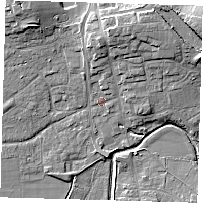 Shaded relief map of the ground around TN85DR, computed from Environment Agency LiDAR. The ground here sits at about 42 m above sea level and falls 14 m across the surrounding 800 m. Surface water reaching this point runs off ground lying to the north-east, 2.3 m higher.