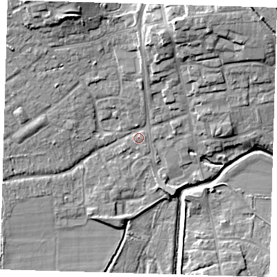 Shaded relief map of the ground around TN85DS, computed from Environment Agency LiDAR. The ground here sits at about 41 m above sea level and falls 14 m across the surrounding 800 m. Surface water reaching this point runs off ground lying to the west-north-west, 4.5 m higher.